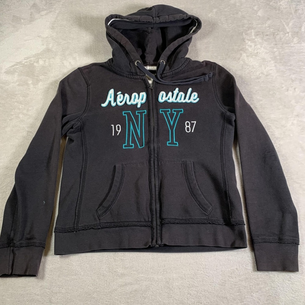 Vintage Aeropostale Hoodie Womens Medium Black Zip Up NY 1987 Graphic Fleece